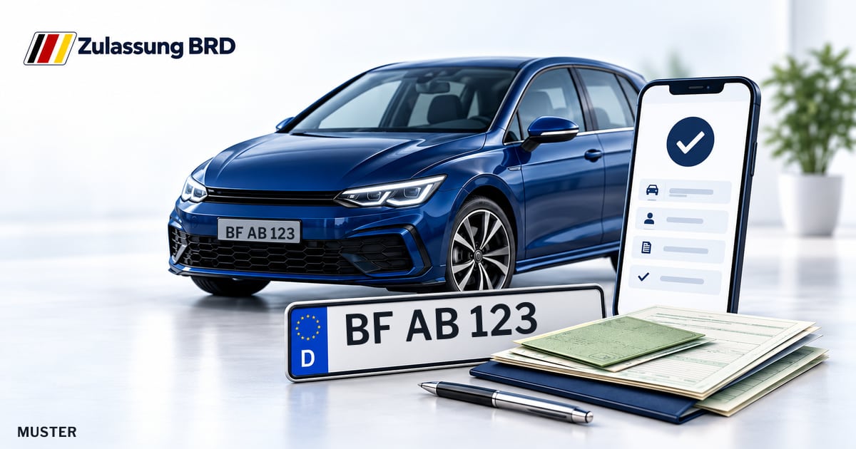Online Fahrzeugzulassung in Ochtrup: Musterkennzeichen BF AB 123, Auto und Fahrzeugpapiere und Smartphone. Illustration mit Logo von Zulassung BRD.